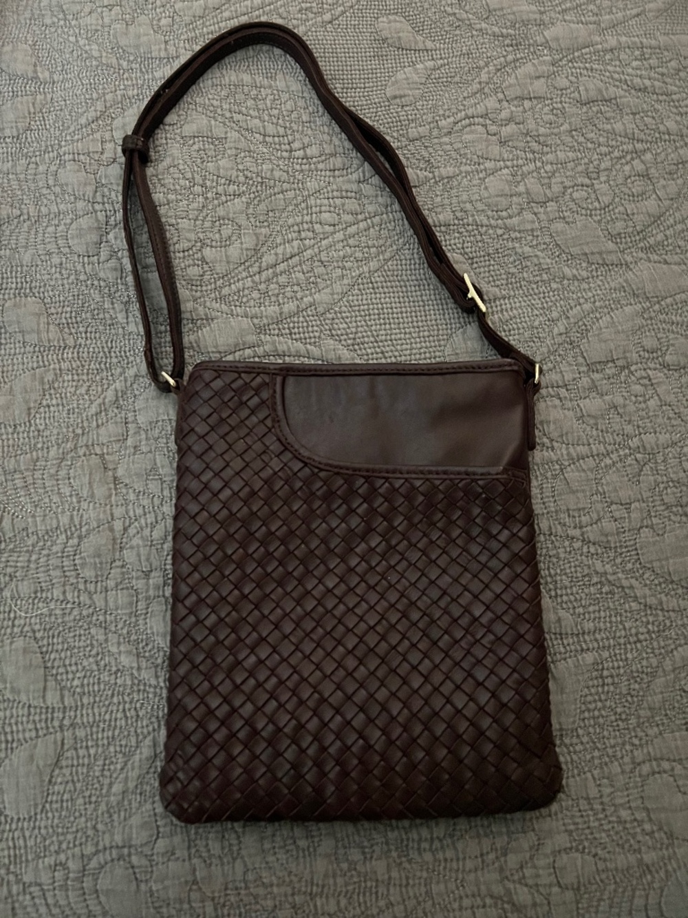 Margot Tall Brown Soft Leather Crossbody Bag W/ Front Woven Pouch Zippered Back